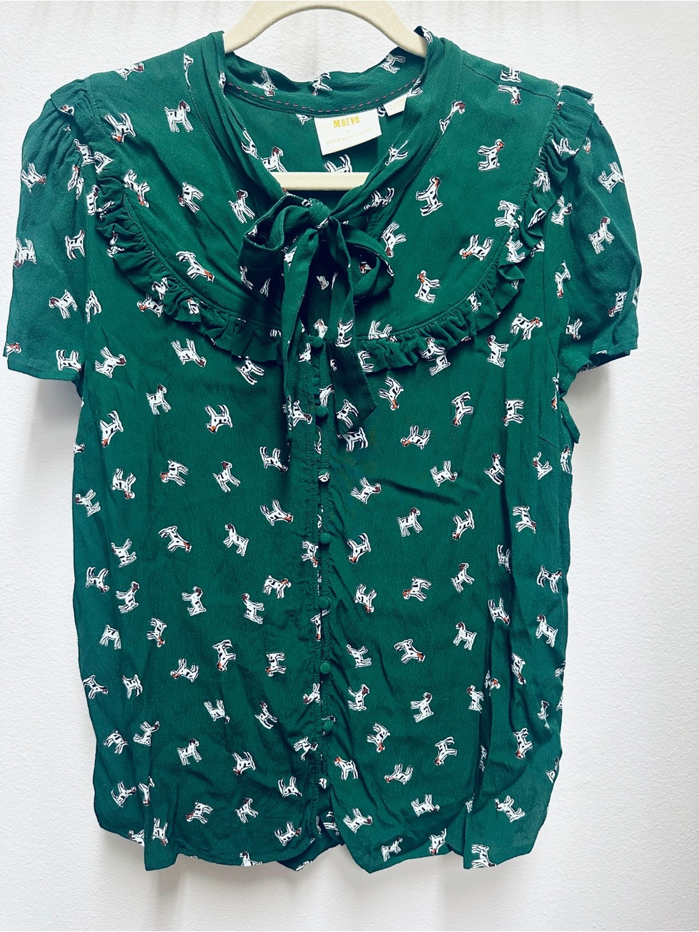 Anthropologie Maeve Adagio Dog Print Green Ruffled Bow-tie Blouse XL Animal Boho - Picture 2 of 7